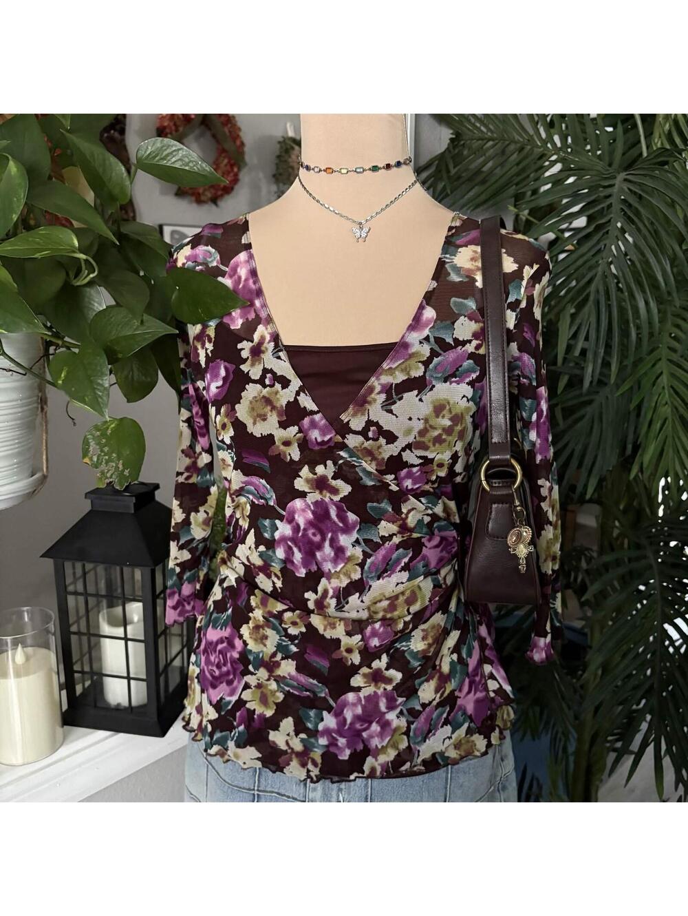 brown floral micromesh top